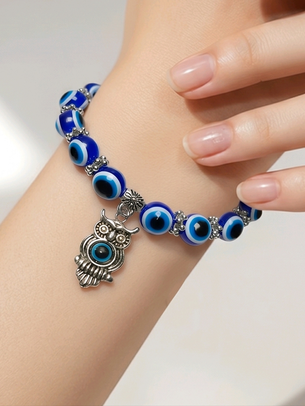 Blue Owl Bracelet Evil Eye Beaded Stretch Lucky Charm Protection Teacher Jewelry